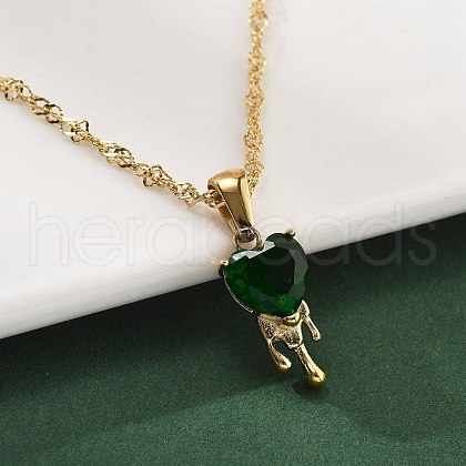 304 Stainless Steel Green Cubic Zirconia Pendant Neckalces for Women NJEW-C078-01C-G-1