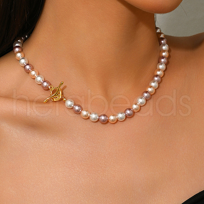Elegant Glass Pearl Round Beaded Metal OT Necklaces for Women DC4506-1