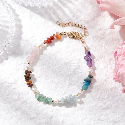 Chakra Natural Rose Quartz & Amethyst & Apatite & Aquamarine & Green Aventurine & Tiger Eye & Carnelian Chip Beaded Bracelets for Women BJEW-JB11740-01-1