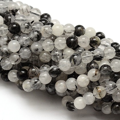 Natural Gemstone Black Rutilated Quartz Round Beads Strands G-E251-30-8mm-1