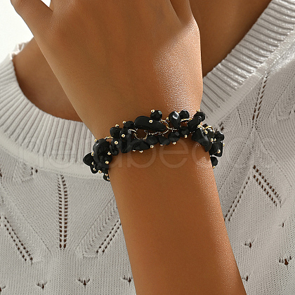 Golden Tone Iron Vintage Natural Dyed & Heated Black Agate Chips Beaded Bracelets for Women's Party Travel RR3518-2-1