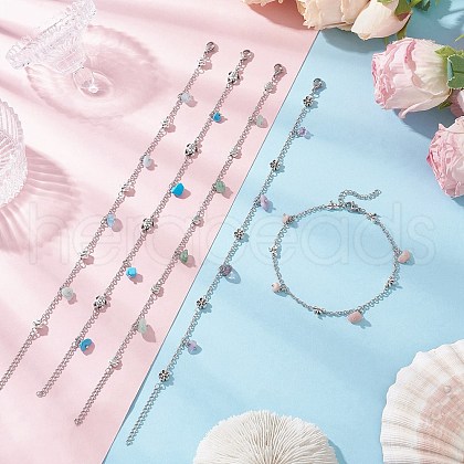 5Pcs 5 Styles Natural & Synthetic Gemstone Chip Tassel Alloy Link Anklets AJEW-AN00696-1