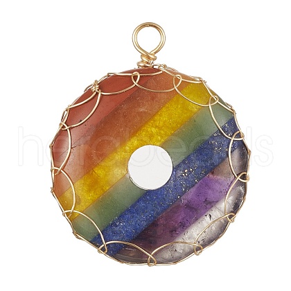 Chakra Gemstone Donut Copper Wire Wrapped Pendants PALLOY-TA00054-1