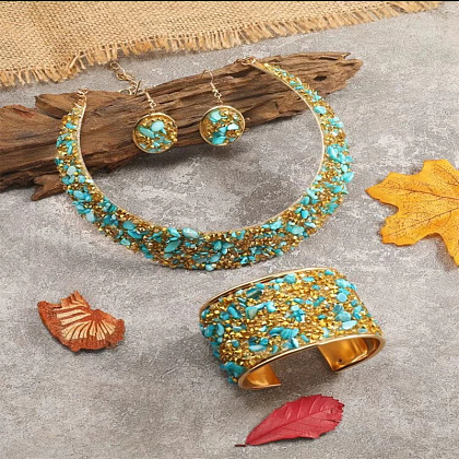 Flat Round Alloy Rhinestone & Resin Chip Choker & Cuff Bangle & Dangle Earring Sets FS-WG7609E-02-1