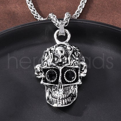 Skull Zinc Alloy Jet Rhinestone Pendant Necklaces NJEW-Z062-02AS-1