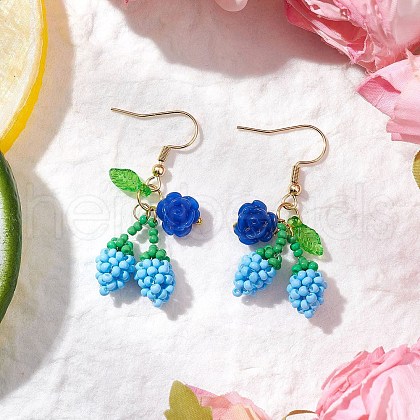 Flower with Cherry 304 Stainless Steel Glass Seed Beads Dangle Earrings EJEW-MZ00419-05-1