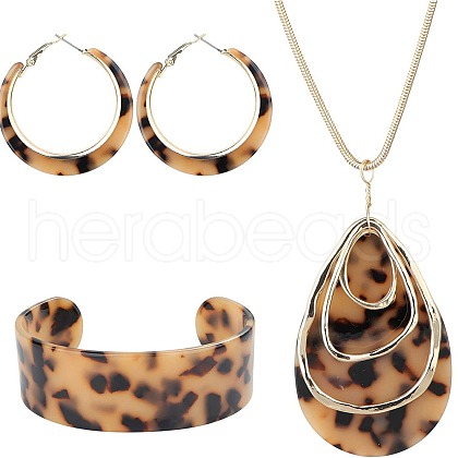 Teardrop Leopard Print Alloy with Acrylic Pendant Necklace & Hoop Earring & Cuff Bangle FS-WGDDA9F-01-1