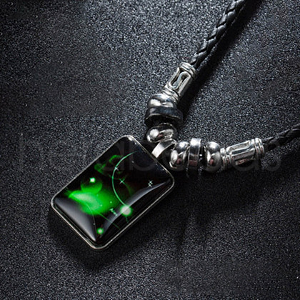 Luminous Alloy Glass Rectangle with Constellation Pendant Black Braided PU Leather Cord Necklaces WGCC9BA-01-1