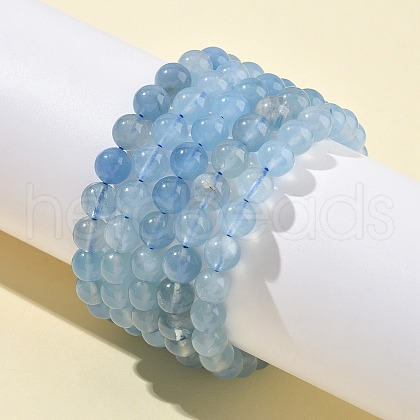 Natural Aquamarine Round Bead Stretch Bracelets for Men Women BJEW-U034-01C-01-1