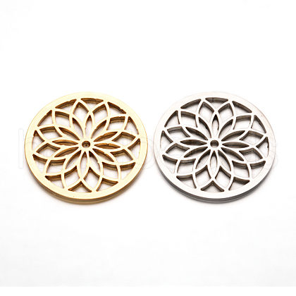 Flat Round with Flower 304 Stainless Steel Beads STAS-F079-04-1