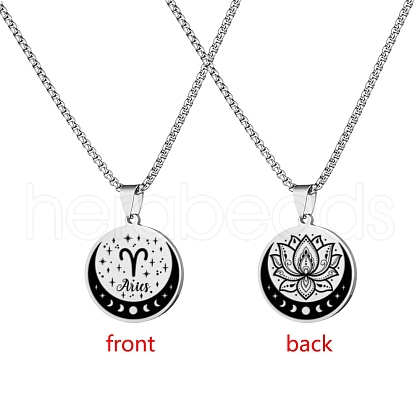 12 Constellation Stainless Steel Half Moon & Lotus Pendant Box Chain Necklaces PW-WGE44A0-02-1