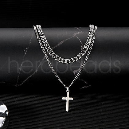 Stainless Steel Cross Pendant Double Layer Necklaces PW-WG88E37-01-1