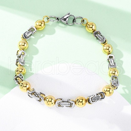 304 Stainless Steel Round Link & Byzantine Chains Bracelets for Women Men BJEW-R018-19GP-1