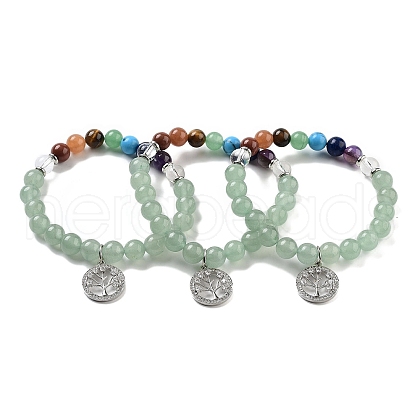 Natural Green Aventurine Round Beaded Chakra Stretch Bracelets BJEW-K251-01B-1