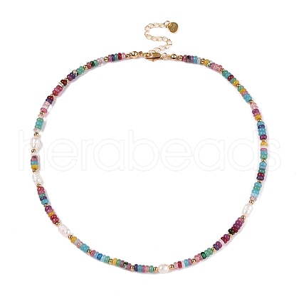 Rondelle Natural Agate & Pearl & Brass Beaded Necklaces for Women NJEW-T017-02G-1