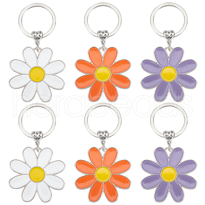 HOBBIESAY 6Pcs 3 Colors Daisy Alloy Enamel Pendant Keychain KEYC-HY0001-18-1