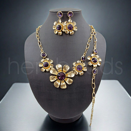 Flower Alloy Rhinestone Pendant Necklace & Stud Dangle Earring & Link Bracelets Sets FS-WG49F82-01-1