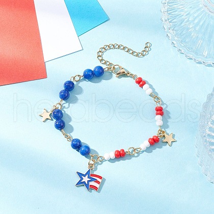 Independence Day Natural Dyed Yellow Jade Gemstone Round Beads & Glass Seed Beads Bracelets BJEW-MZ00180-03-1