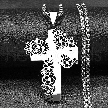 304 Stainless Steel Hollow Rose Cross Pendant Necklaces NJEW-H065-31P-1