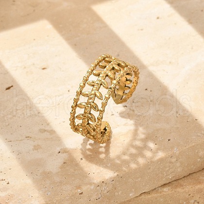 Leaf 304 Stainless Stee Open Cuff Rings for Women RJEW-Q006-03A-G-1