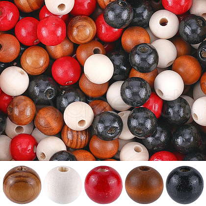 SOFPLATE 250Pcs 5 Styles Round Natural Wood Beads WOOD-SP0001-13-1