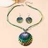 Boho Printed Natural Shell Graffiti Flat Round Pendant Earrings & Necklaces Set FS-WG2A623-02-1