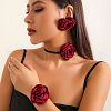 Rose Faux Suede with Satin Fabric Pendant Choker Necklace & Stud Earring & Bracelet FS-WG3A334-01-2