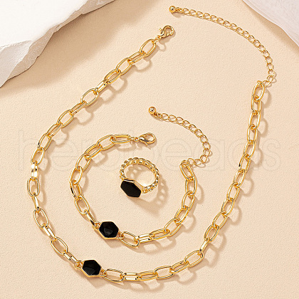 Hexagon Alloy Enamel Cable Chain Necklaces & Bracelets & Rings Sets FS-WGE6E3B-01-1