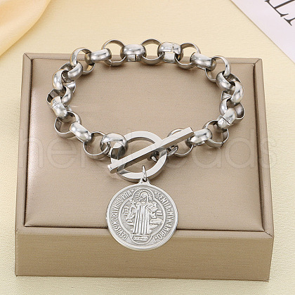 Flat Round with St Benedict 304 Stainless Steel Rolo Chain Charm Bracelets FS-WGC58E4-03-1