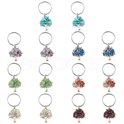 SUPERFINDINGS 14Pcs 7 Style Chip Gemstone Keychain KEYC-FH0001-17-1