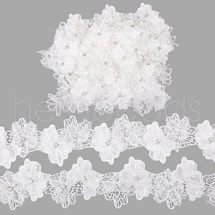 Double Layer Polyester 3D Flower Lace Trim Ribbon with Rhinestone OCOR-WH0097-73A-1