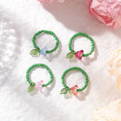 Glass Beads with Acrylic Charms Finger Rings RJEW-TA00205-1