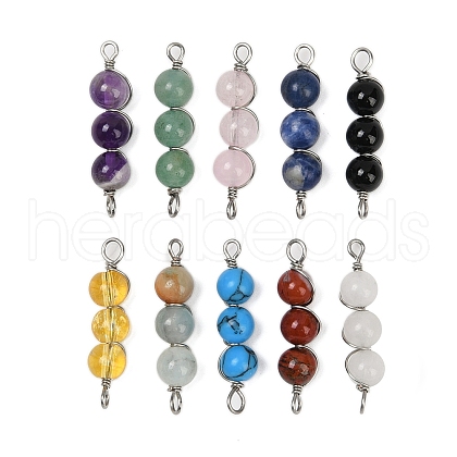 10Pcs 10 Styles Copper Wire Wrapped Natural & Synthetic Mixed Gemstone Round Beaded Connector Charms PALLOY-JF03602-1