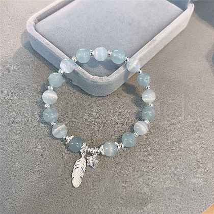Feather Alloy Cat Eye Round Beaded Charm Bracelets WG18D49-11-1