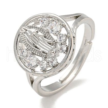 Flat Round with Saint Rack Plating Brass Micro Pave Cubic Zirconia Adjustable Rings RJEW-I105-04P-01-1