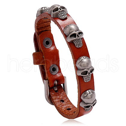 Alloy Skull Rivet Studded Cowhide Cord Bracelet SKUL-PW0004-33B-1