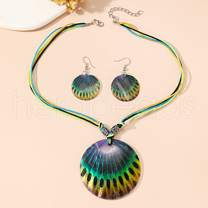 Boho Printed Natural Shell Graffiti Flat Round Pendant Earrings & Necklaces Set FS-WG2A623-02-1