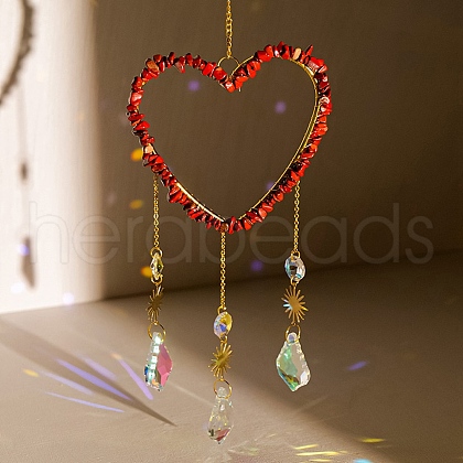 Heart Natural Red Jasper Chips Hanging Ornaments HJEW-G024-01F-1