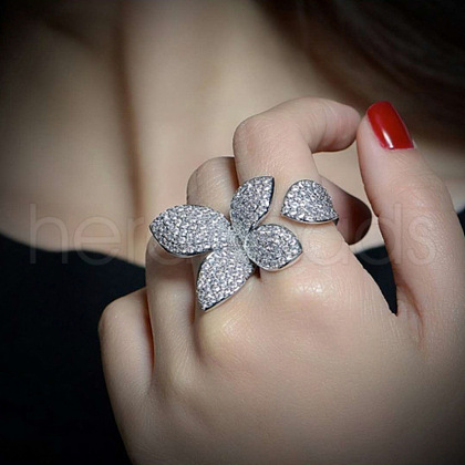 Butterfly Brass Micro Pave Clear Cubic Zirconia Adjustable Cuff Rings for Women FS-WG64577-01-1
