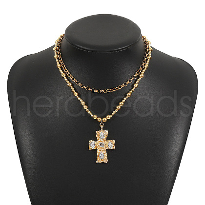 CCB Plastic Round Beaded Iron Alloy Crystal Rhinestone Cross Pendant Double Layer Necklaces FS-WGE63DA-01-1