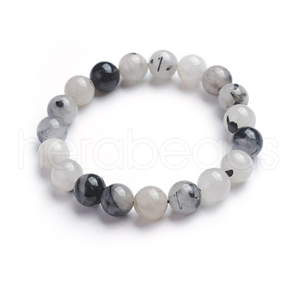 Natural Tourmalinated Quartz/Black Rutilated Quartz Stretch Bracelets X-BJEW-E373-10mm-07-1