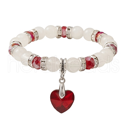 Natural Quartz Crystal & Glass Beaded Stretch Bracelet with Heart Charms for Valentine's Day X-BJEW-TA00284-1