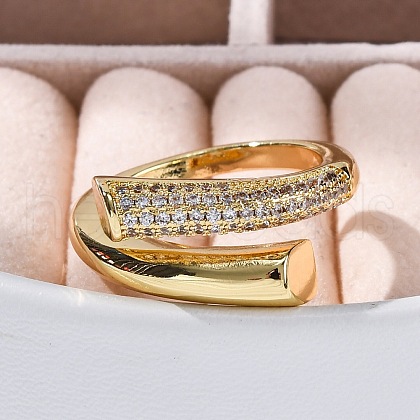 Rack Plating Brass Micro Pave Clear Cubic Zirconia Open Cuff Finger Rings for Women RJEW-M028-95G-1