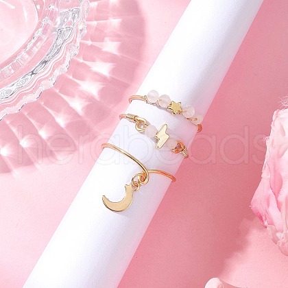 3Pcs Copper Wire Wrapped Natural Rose Quartz Faceted Round Bead Finger Rings for Women RJEW-JR00888-02-1