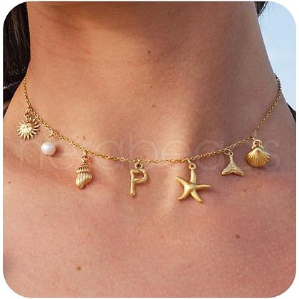 Summer Brass Initial Letter Starfish Shell Shaped Pendant Bib Necklaces for Women FS-WGBCAD2-26-1