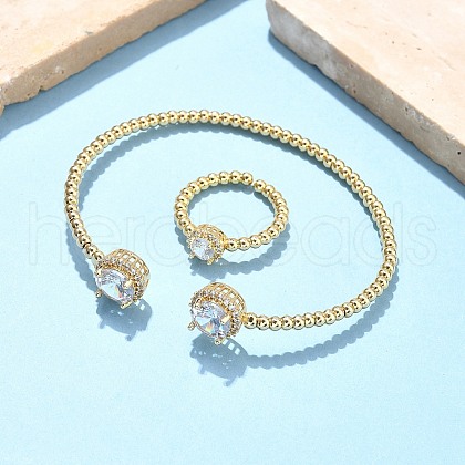 Round Brass Micro Pave Cubic Zirconia Cuff Bangles & Rings Sets for Women SJEW-R002-01G-02-1