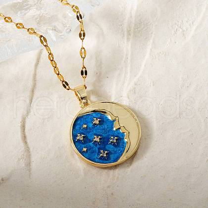 Brass Shiny Clear Cubic Zirconia & Blue Enamel Pendant Necklaces for Women JZ5405-1-1