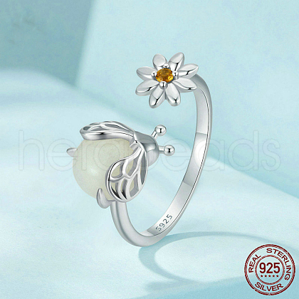 Rhodium Plated 925 Sterling Silver Cubic Zirconia & Synthetic Luminous Stone Cuff Rings FS-WGC5F75-01-1