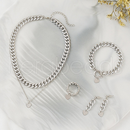 Heart Iron & Aluminum & Zinc Alloy Multilayer Necklace & Curb Chain Bracelet & Ring & Earring Sets FS-WG47193-04-1