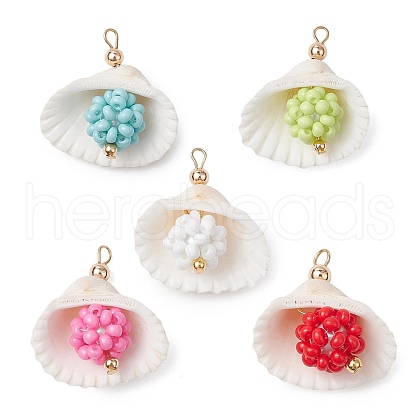 Clam Shell & Glass Seed Beaded Pendants PALLOY-MZ00526-1